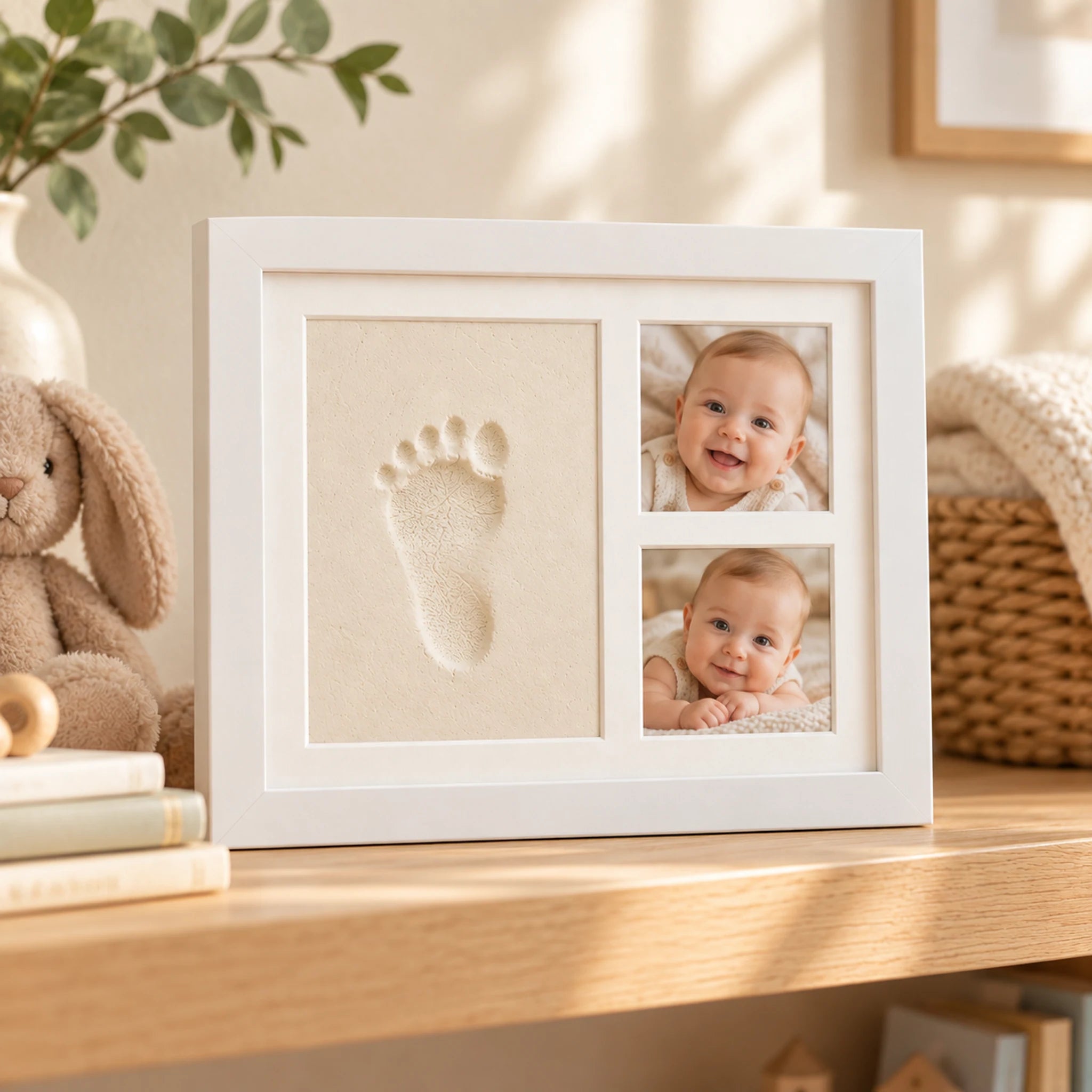 White frame displaying a baby footprint beside two baby photos in a nursery.
