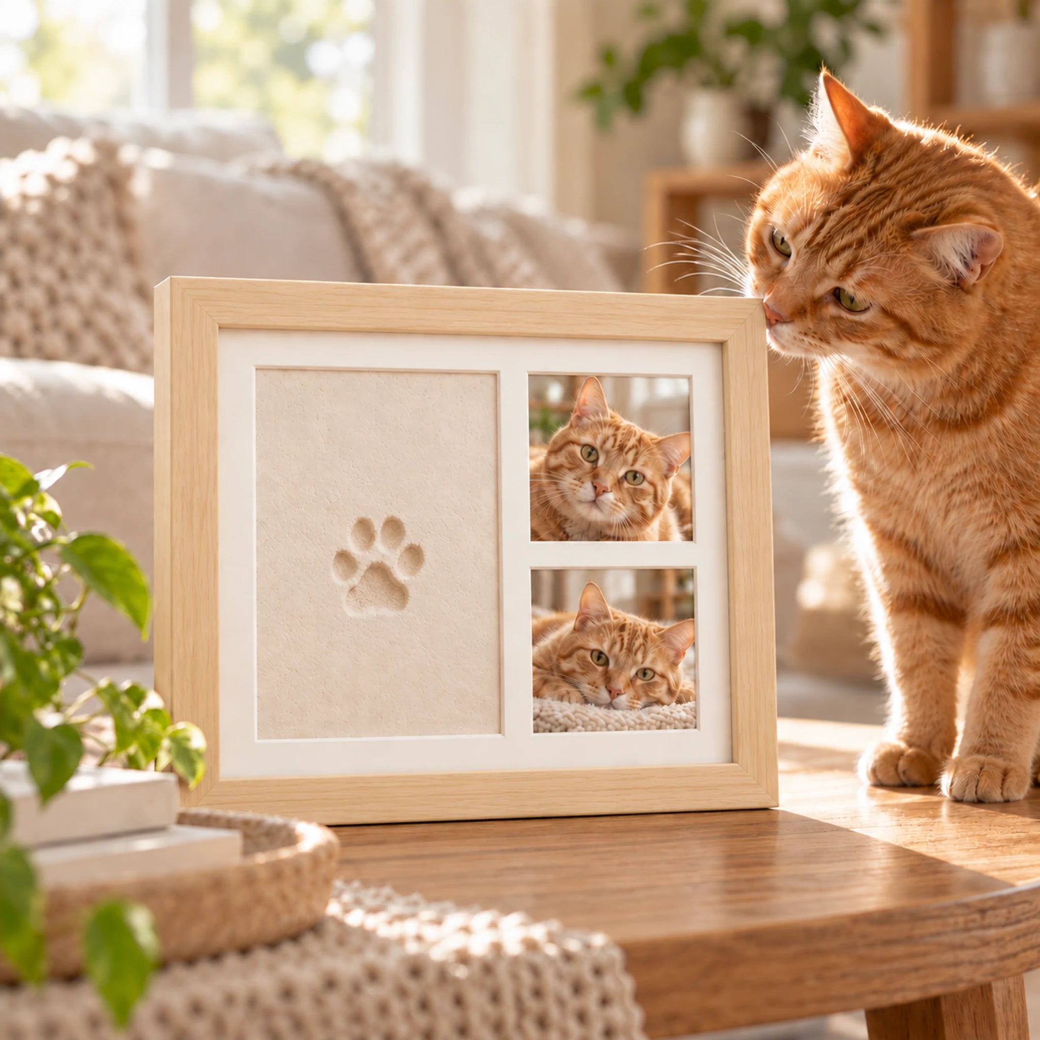 A ginger cat sniffs the outer corner of a wood keepsake frame.