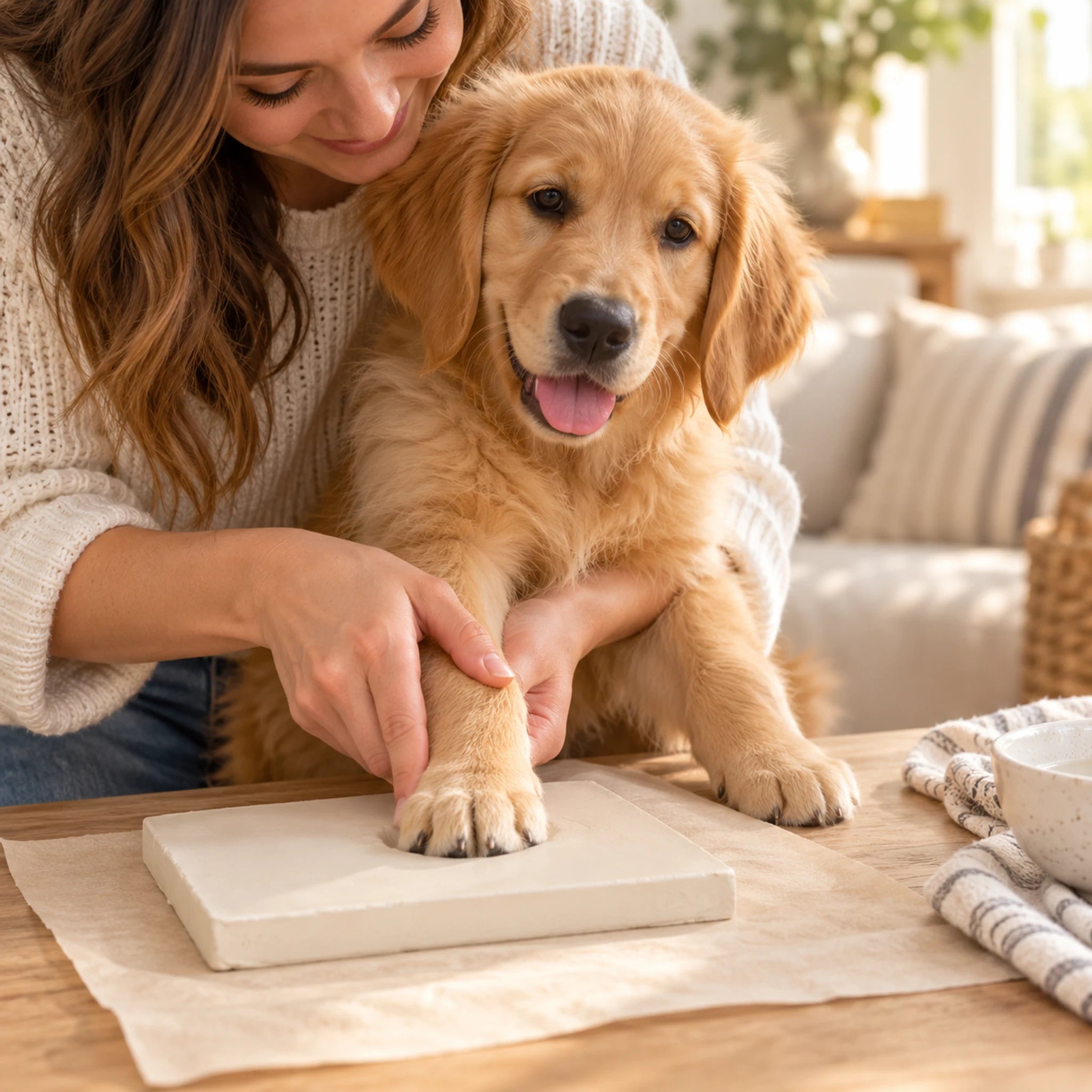 An adult gently supports a golden retriever puppy’s paw while making a clay impression.