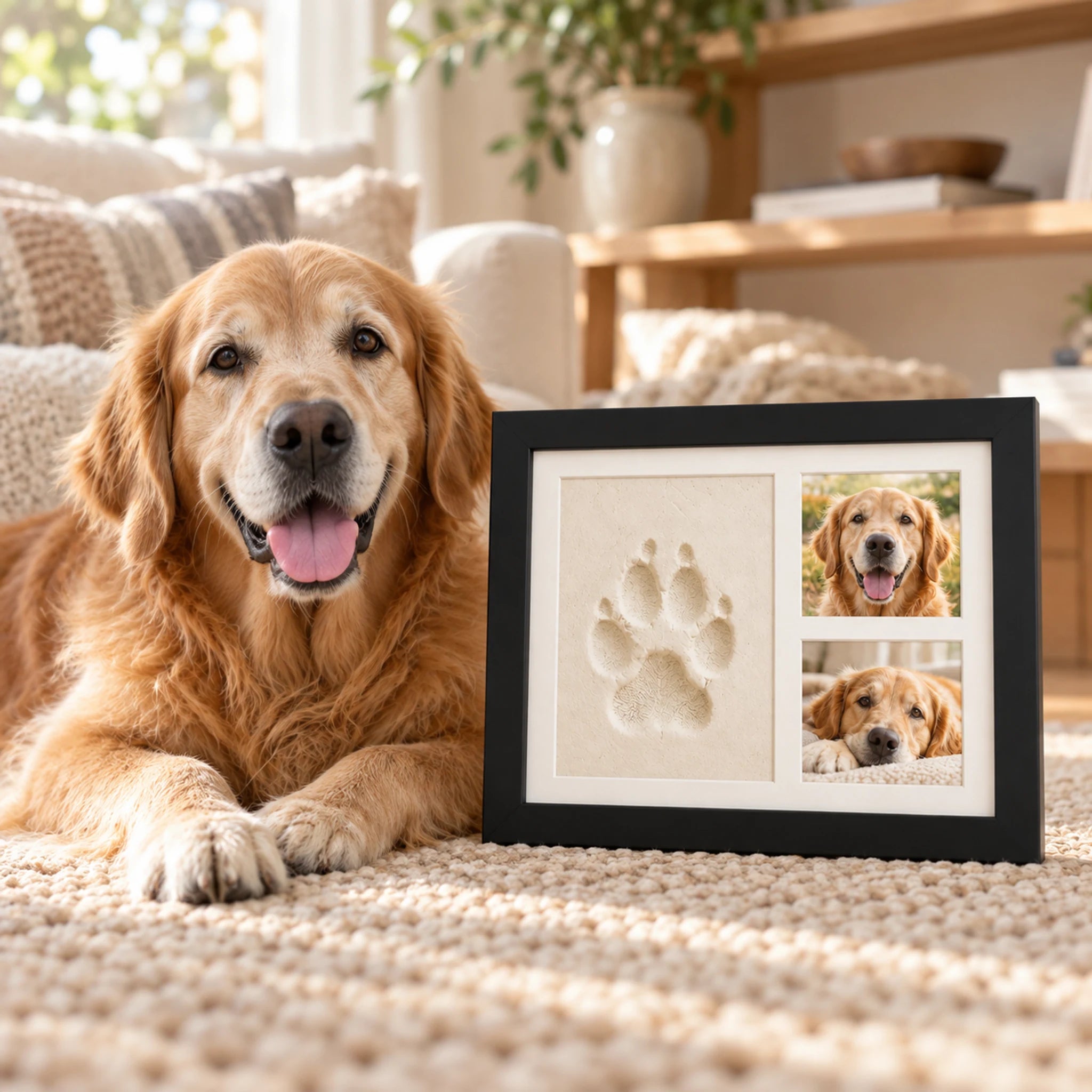 A grey-muzzled golden retriever resting beside a framed paw impression and two photos.