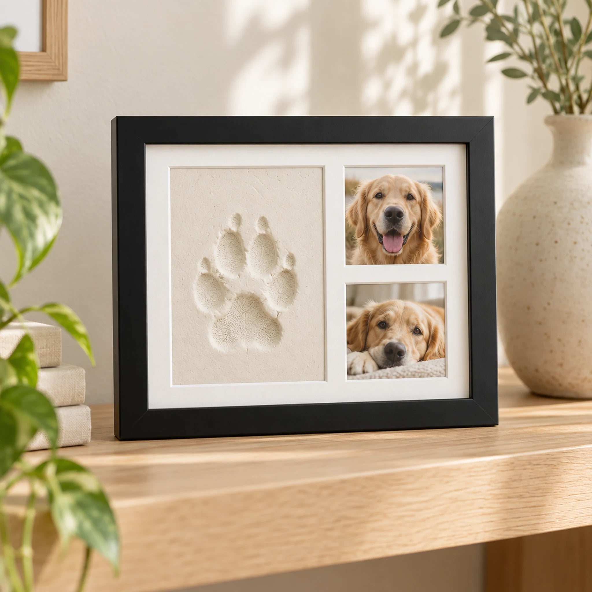 Black frame displaying a dog paw impression beside two golden retriever photos on a shelf.
