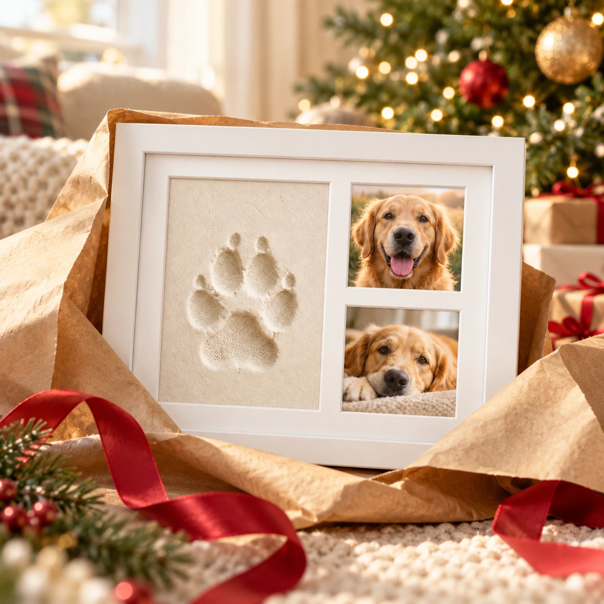 Keepsake frame styled with kraft wrapping and red ribbon beside a Christmas tree.