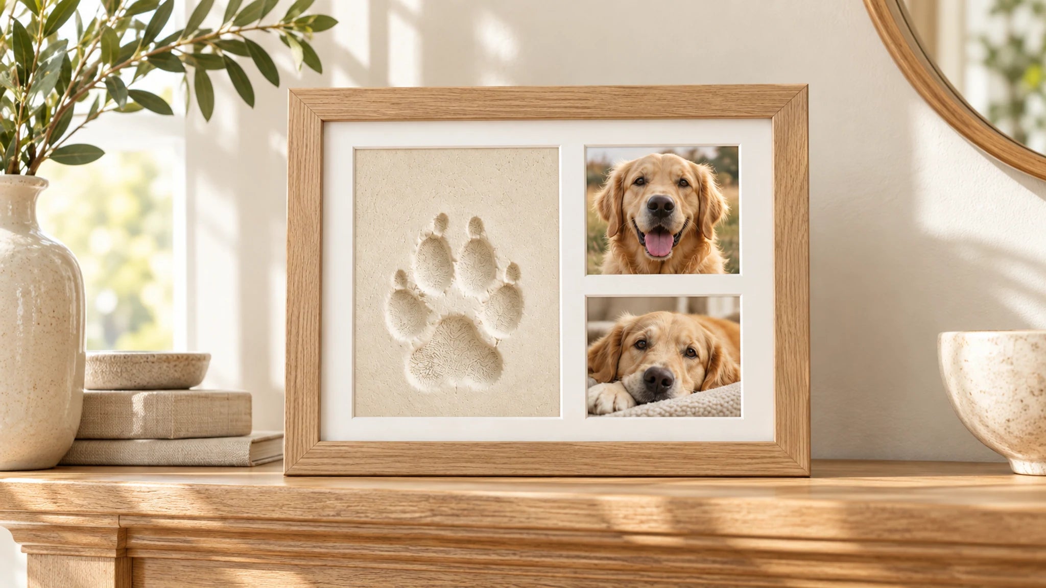 Wood keepsake frame with a paw impression and two pet photos on a sunlit mantel.